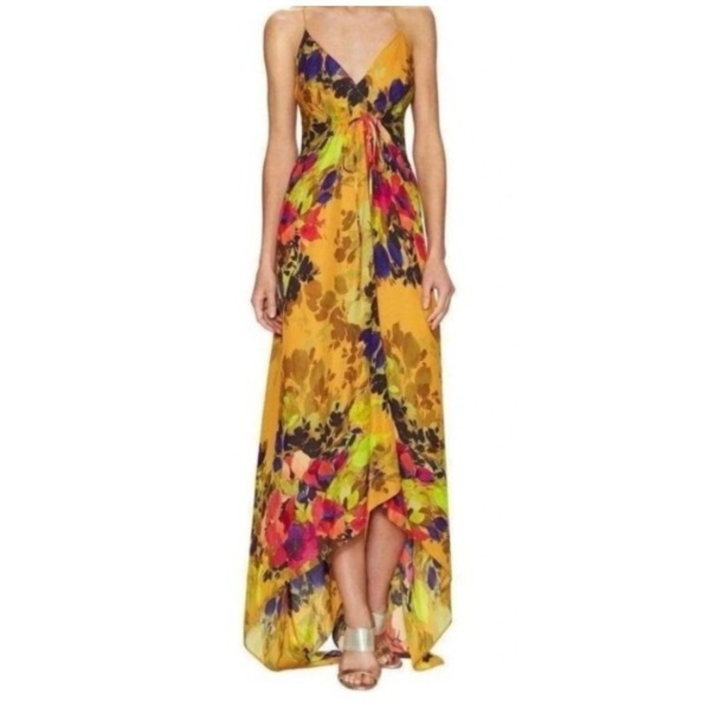 Nicole Miller Artelier Angelina Botanic Maxi Dress 4 Orange Floral Silk High Low